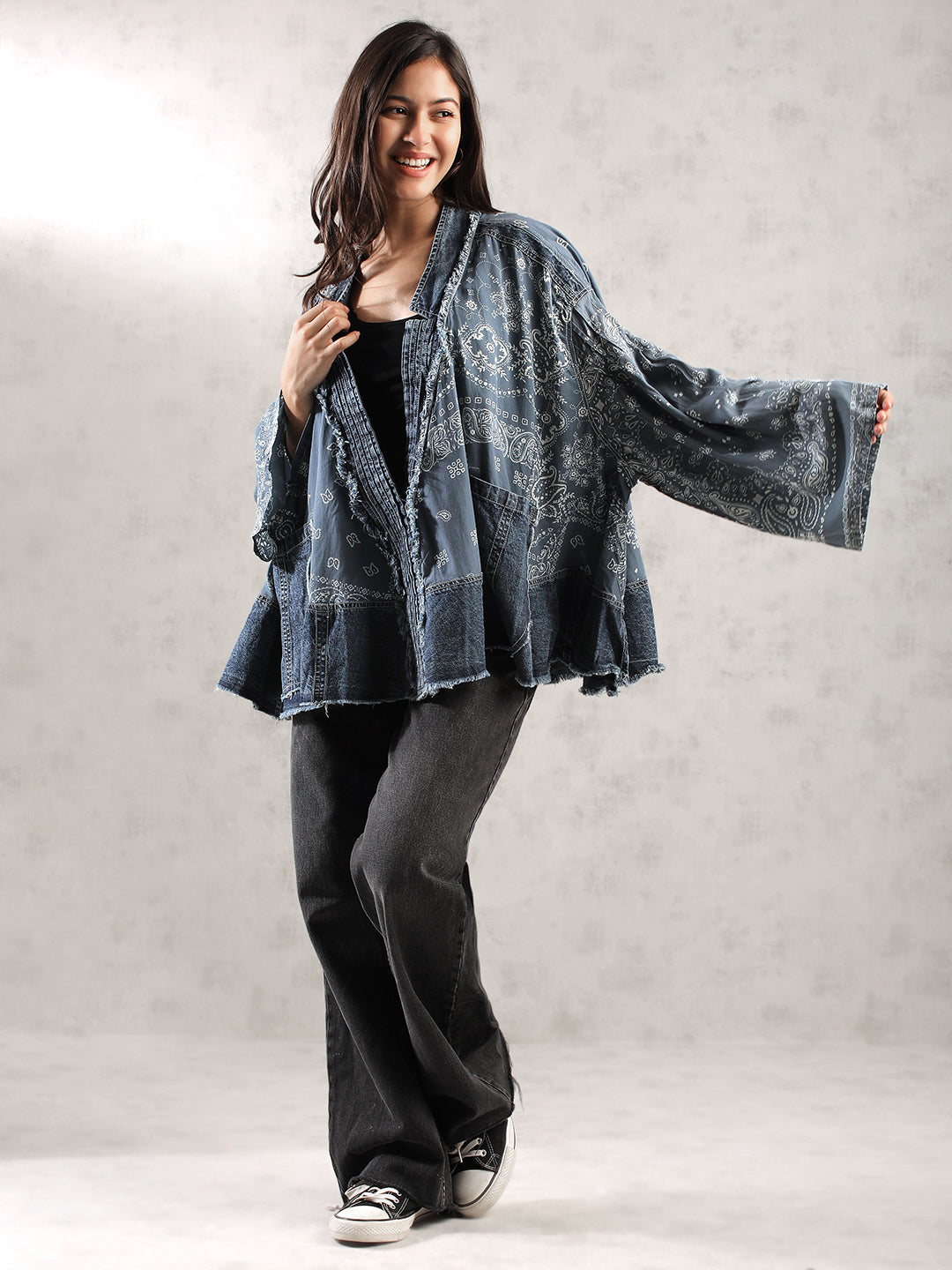 Women Blue Oversize Boho Denim Jacket