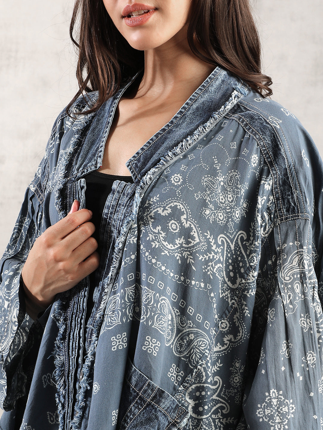 Women Blue Oversize Boho Denim Jacket