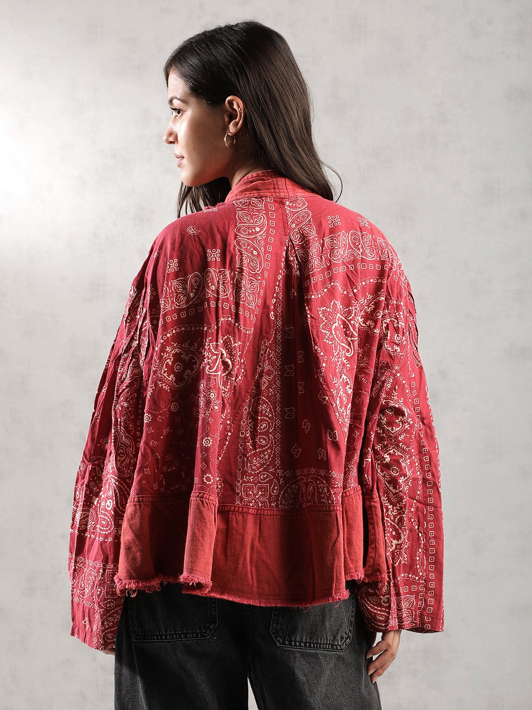 Women red Oversize Boho Denim Jacket