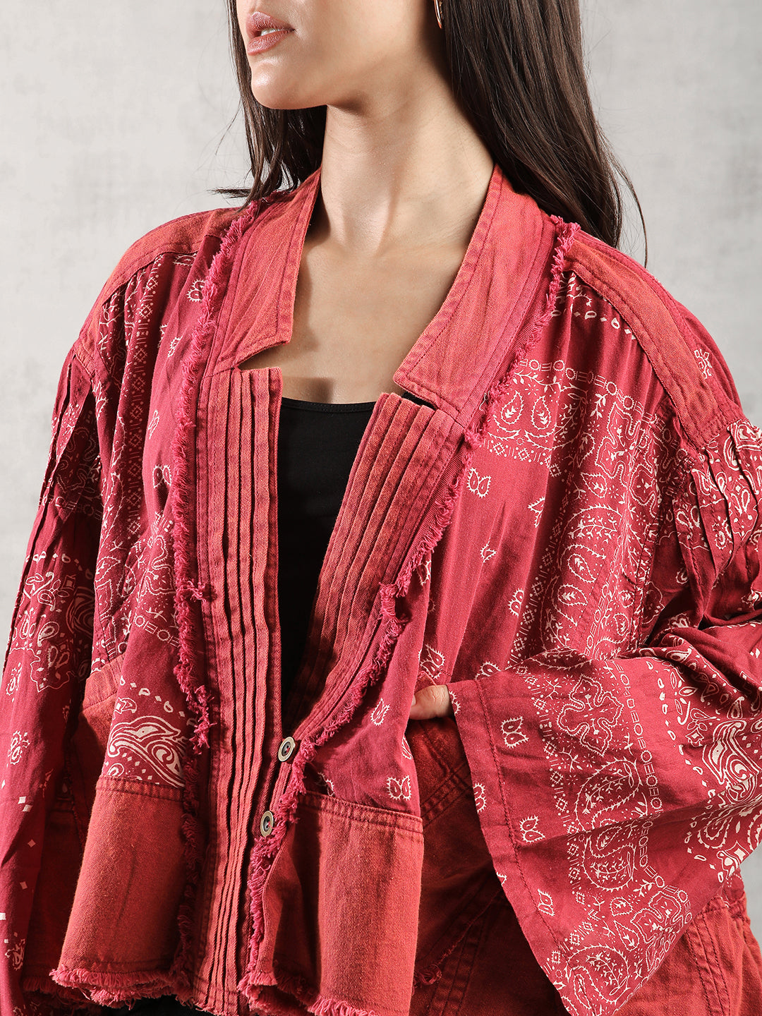 Women red Oversize Boho Denim Jacket