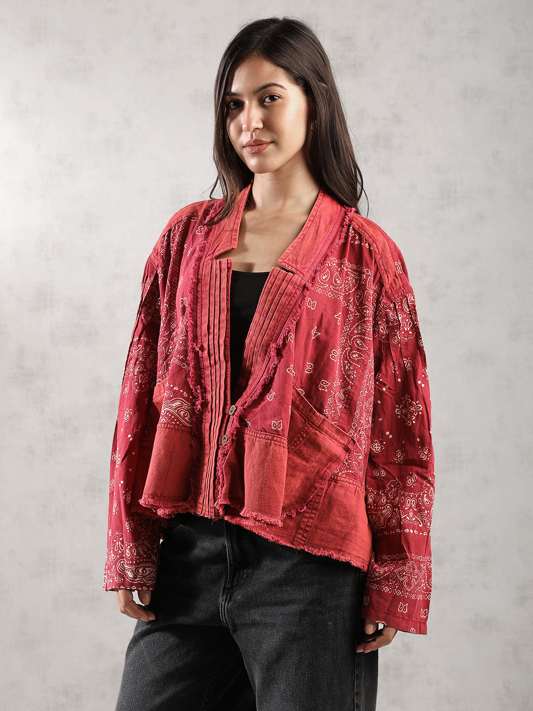 Women red Oversize Boho Denim Jacket