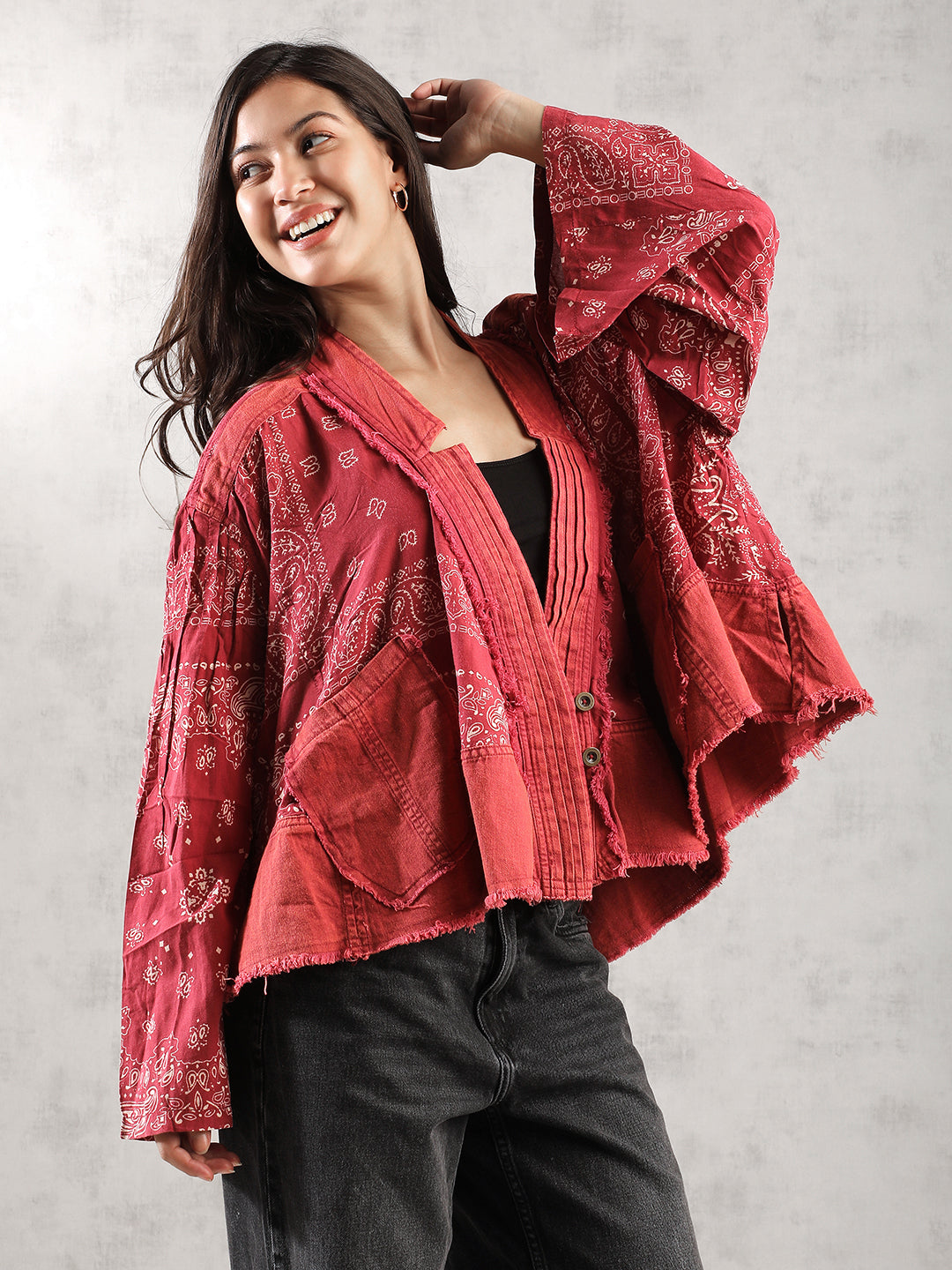 Women red Oversize Boho Denim Jacket