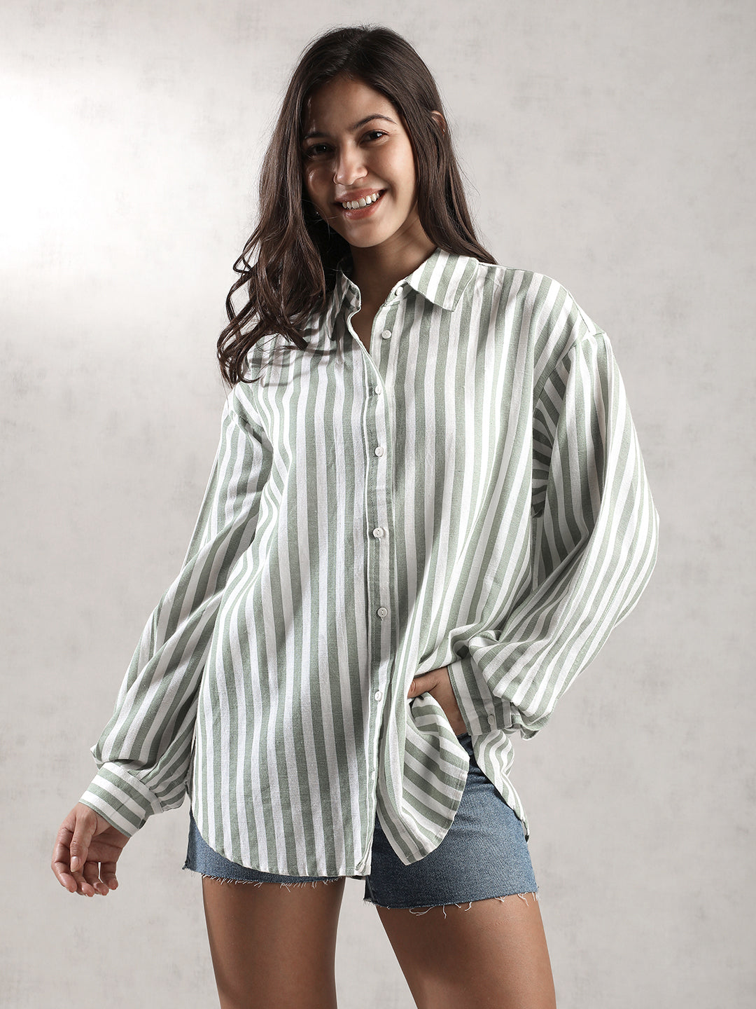 Women Green Stripes Comfort Fit Shirt