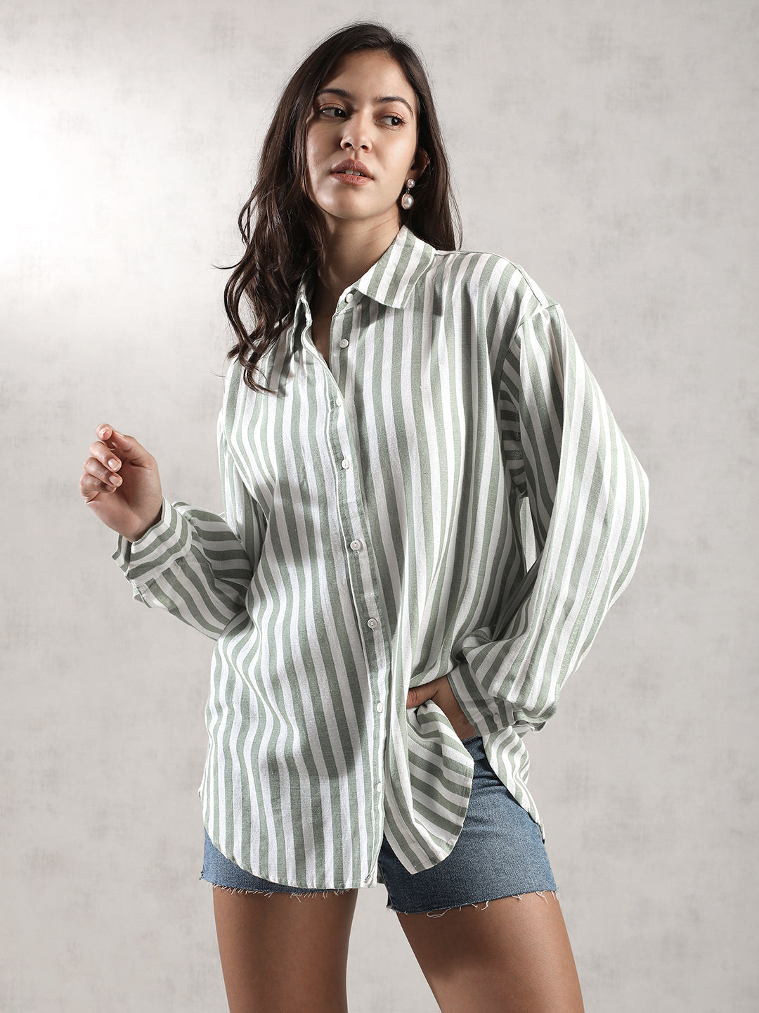 Women Green Stripes Comfort Fit Shirt