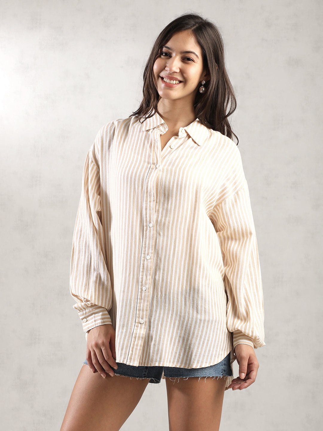 Women Khaki Stripes Comfort Fit Shirt