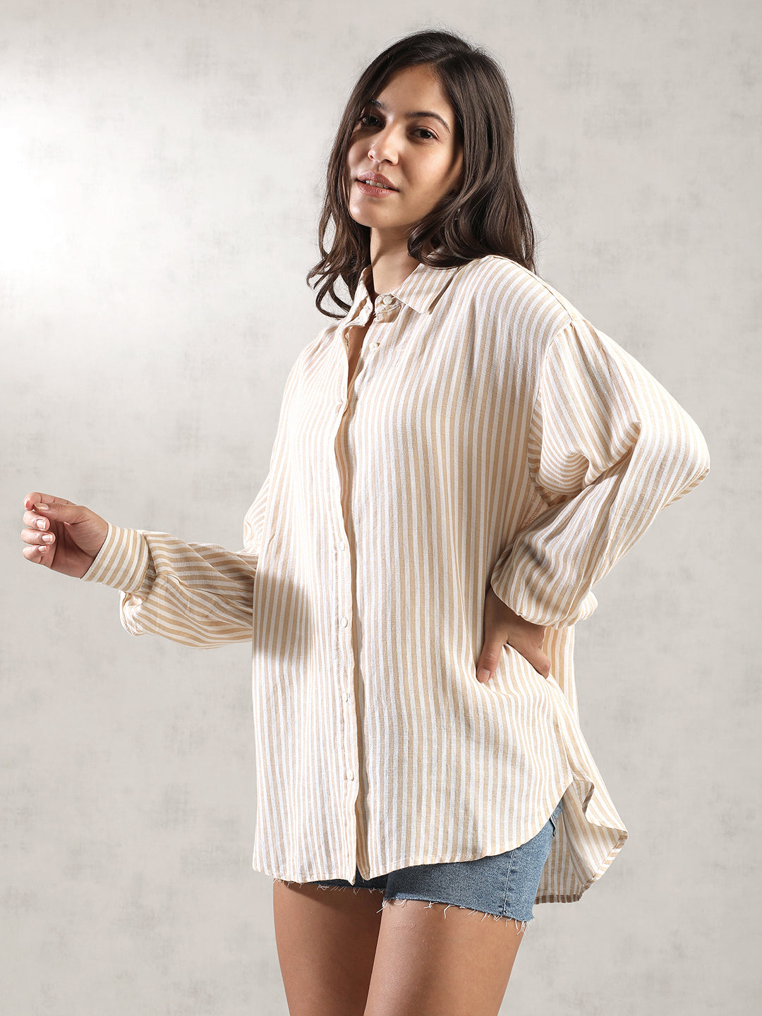 Women Khaki Stripes Comfort Fit Shirt