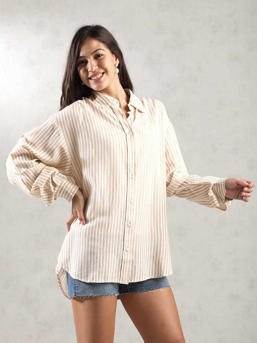 Women Khaki Stripes Comfort Fit Shirt