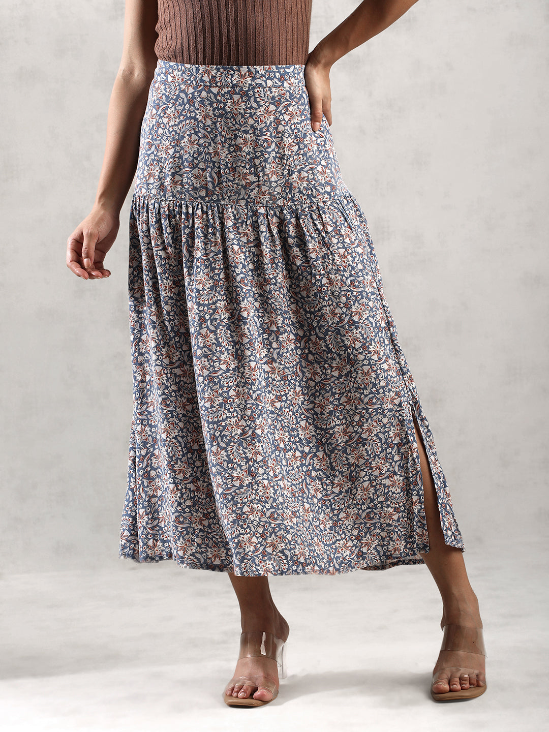 Women Blue Printed Long Length Skirt