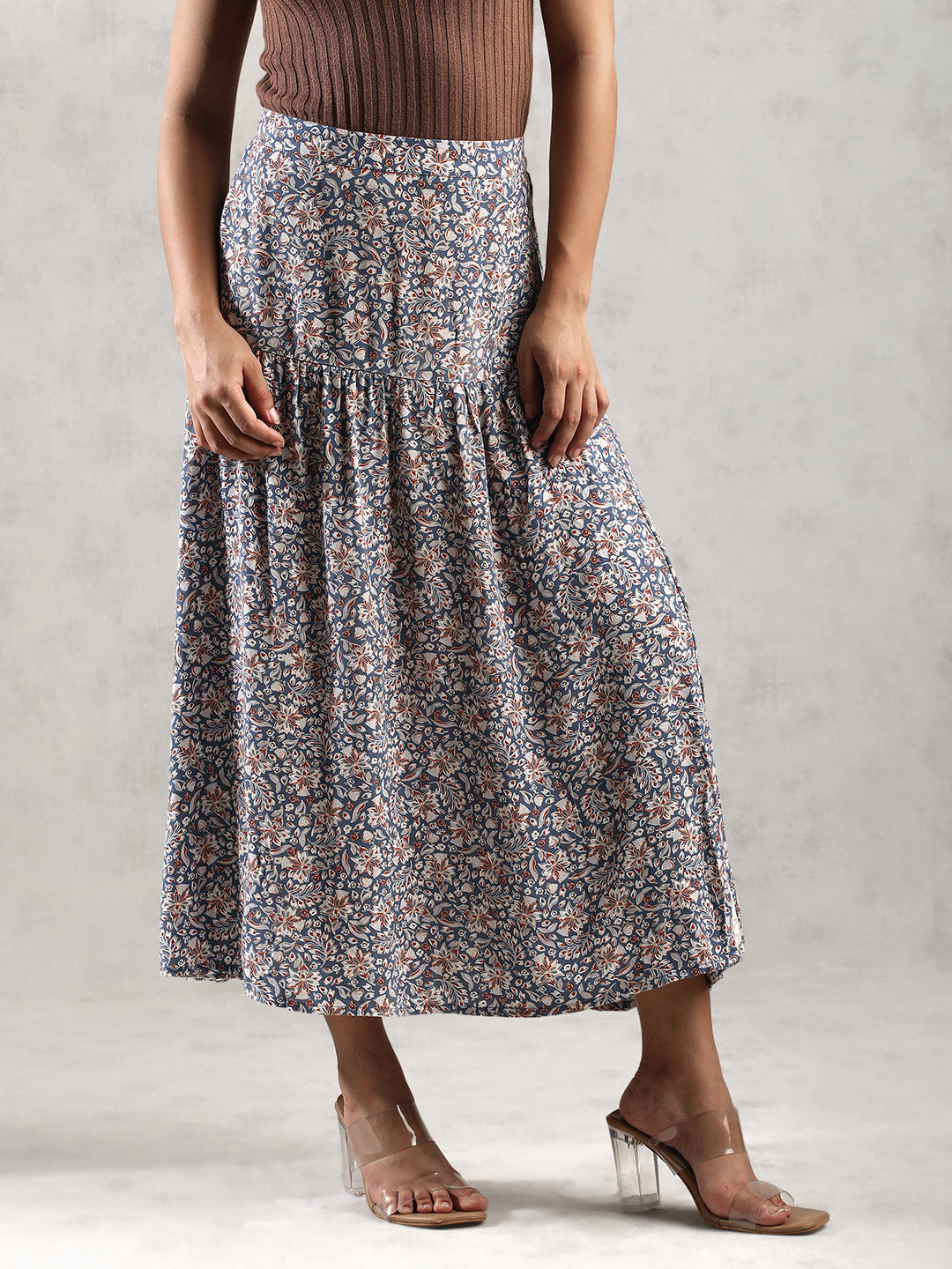 Women Blue Printed Long Length Skirt