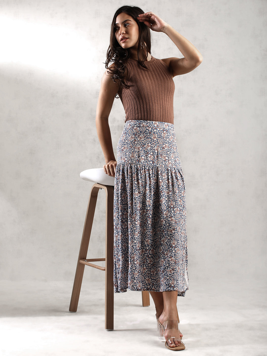 Women Blue Printed Long Length Skirt