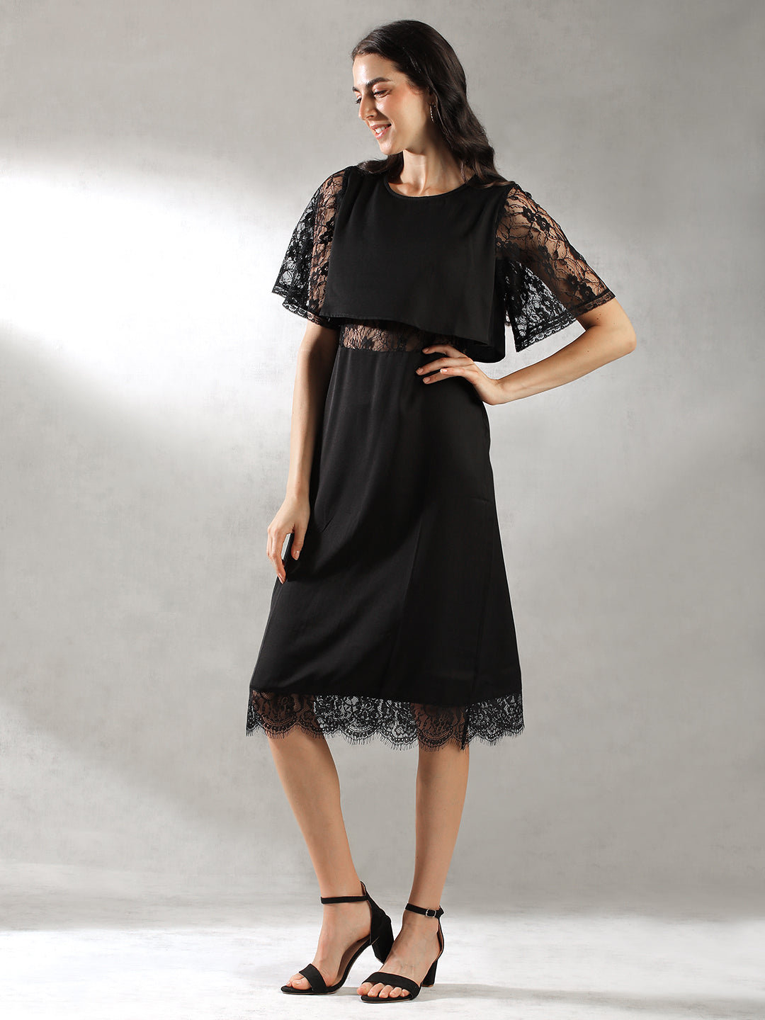 Women Black Lace Details Dress