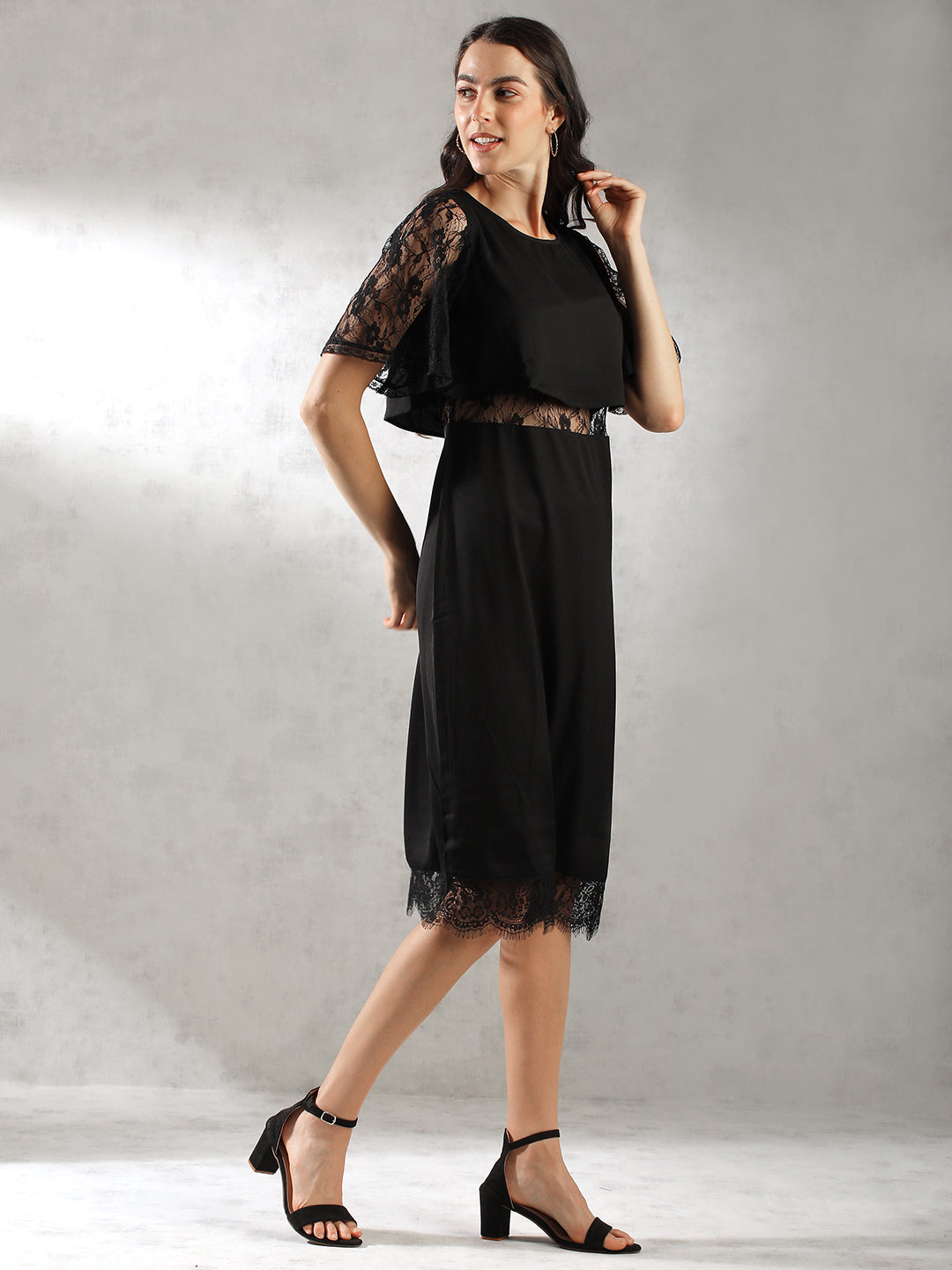 Women Black Lace Details Dress