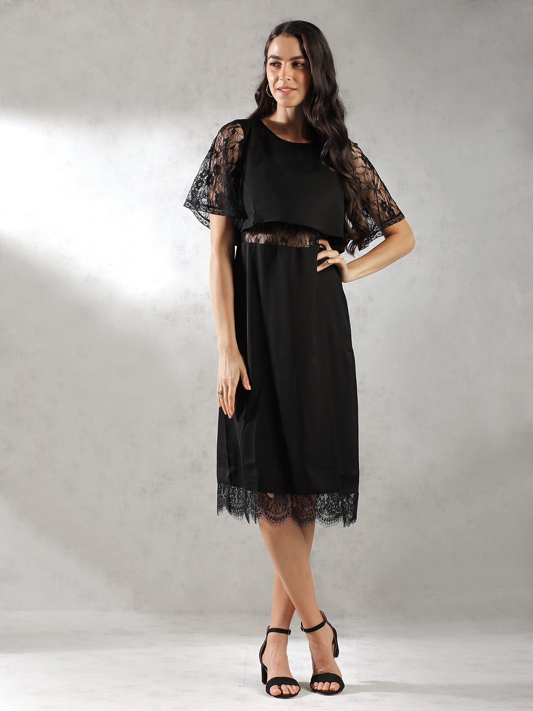 Women Black Lace Details Dress