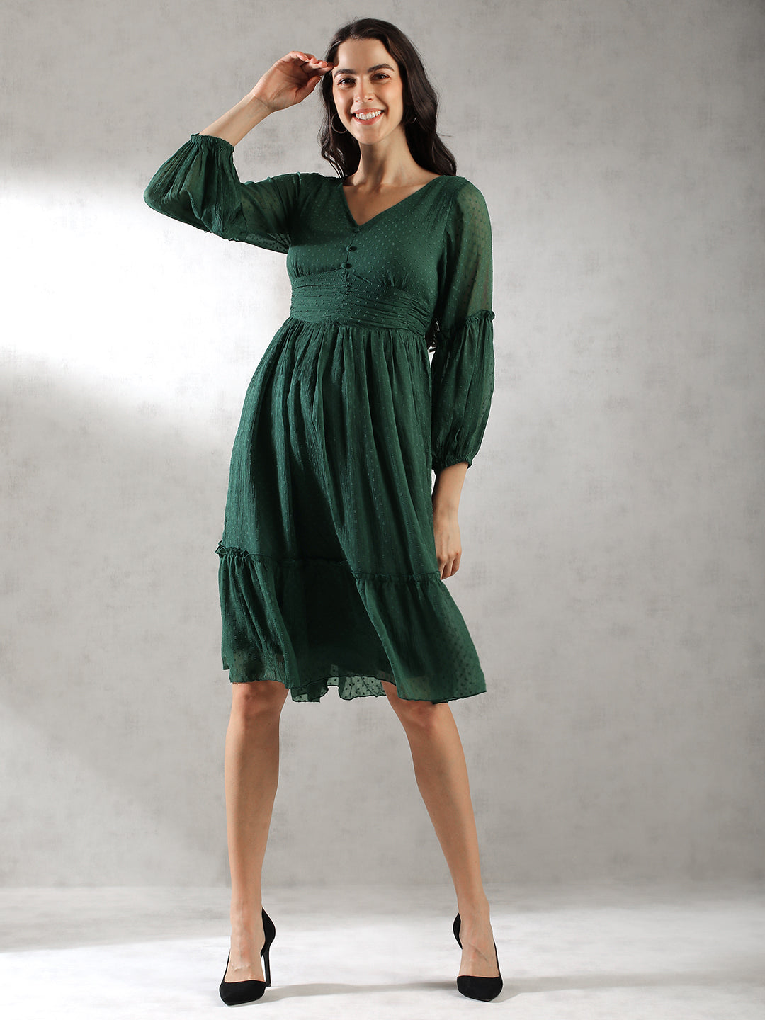 Women Green Self Design Textured Dress