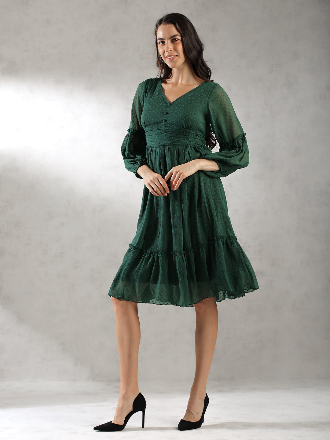 Women Green Self Design Textured Dress