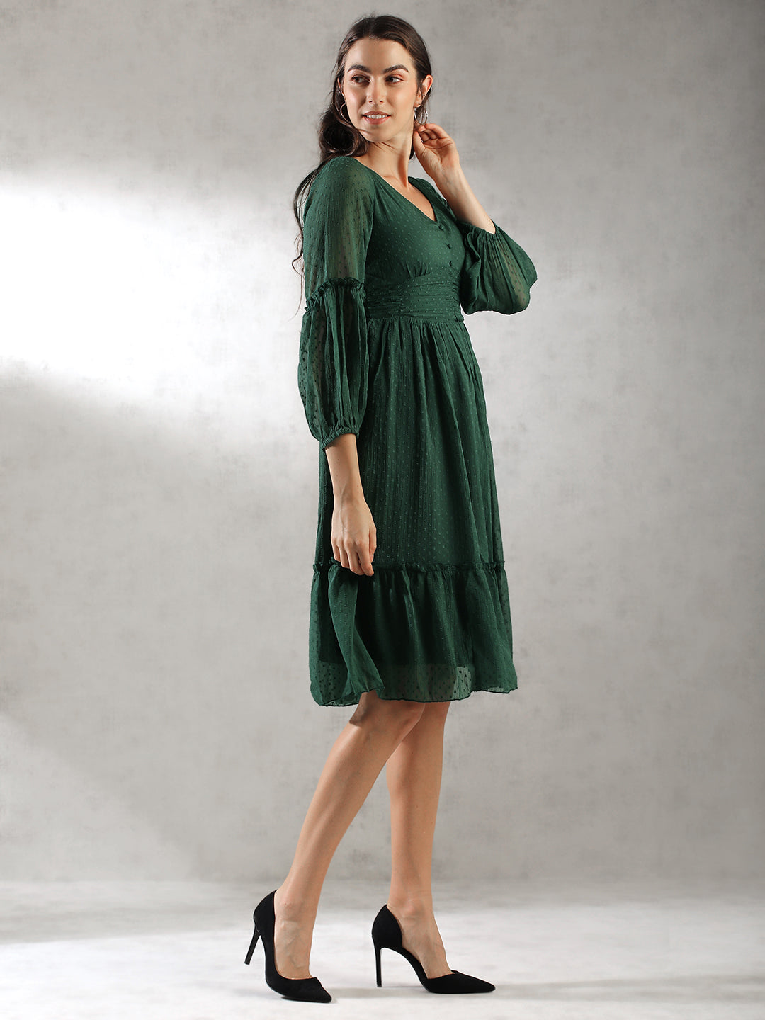 Women Green Self Design Textured Dress