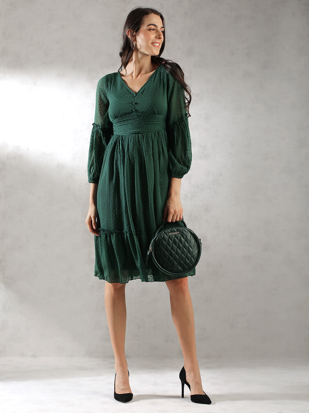 Women Green Self Design Textured Dress