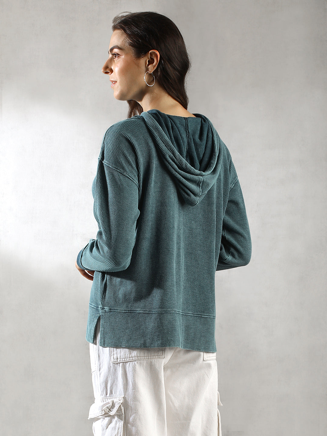 Women Teal Ribbed Hoodie