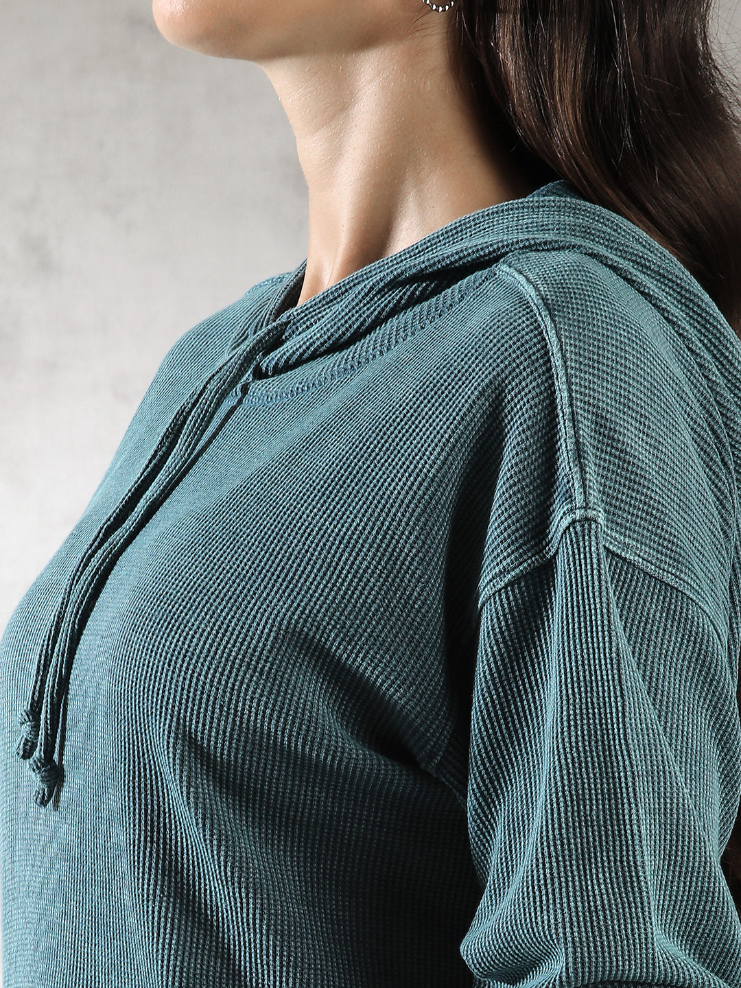 Women Teal Ribbed Hoodie