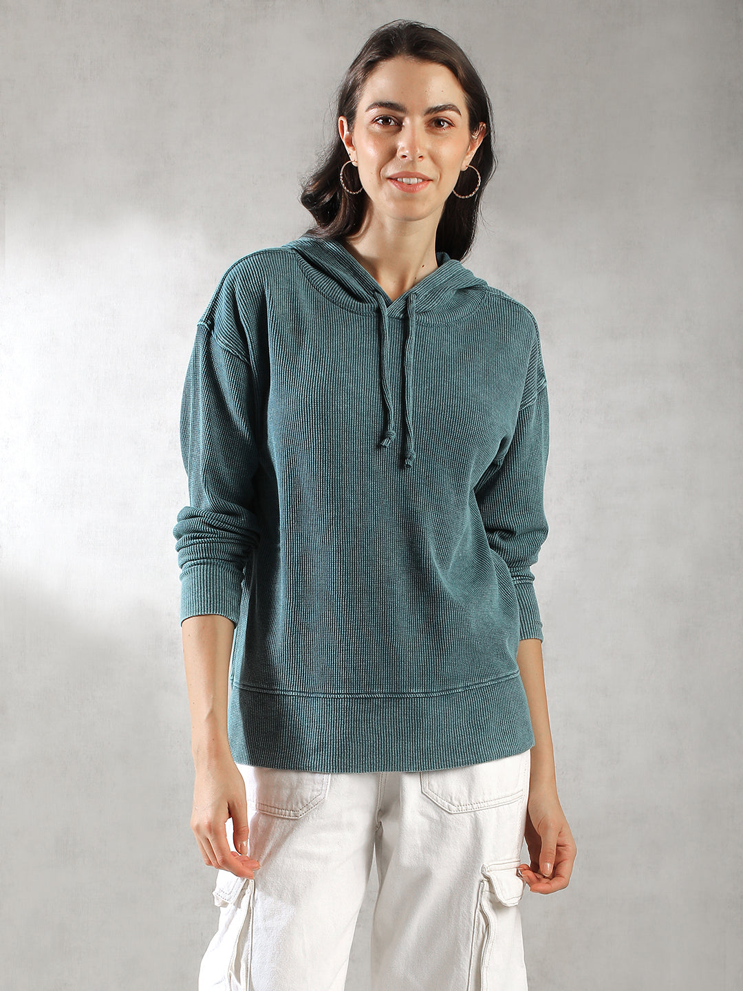 Women Teal Ribbed Hoodie