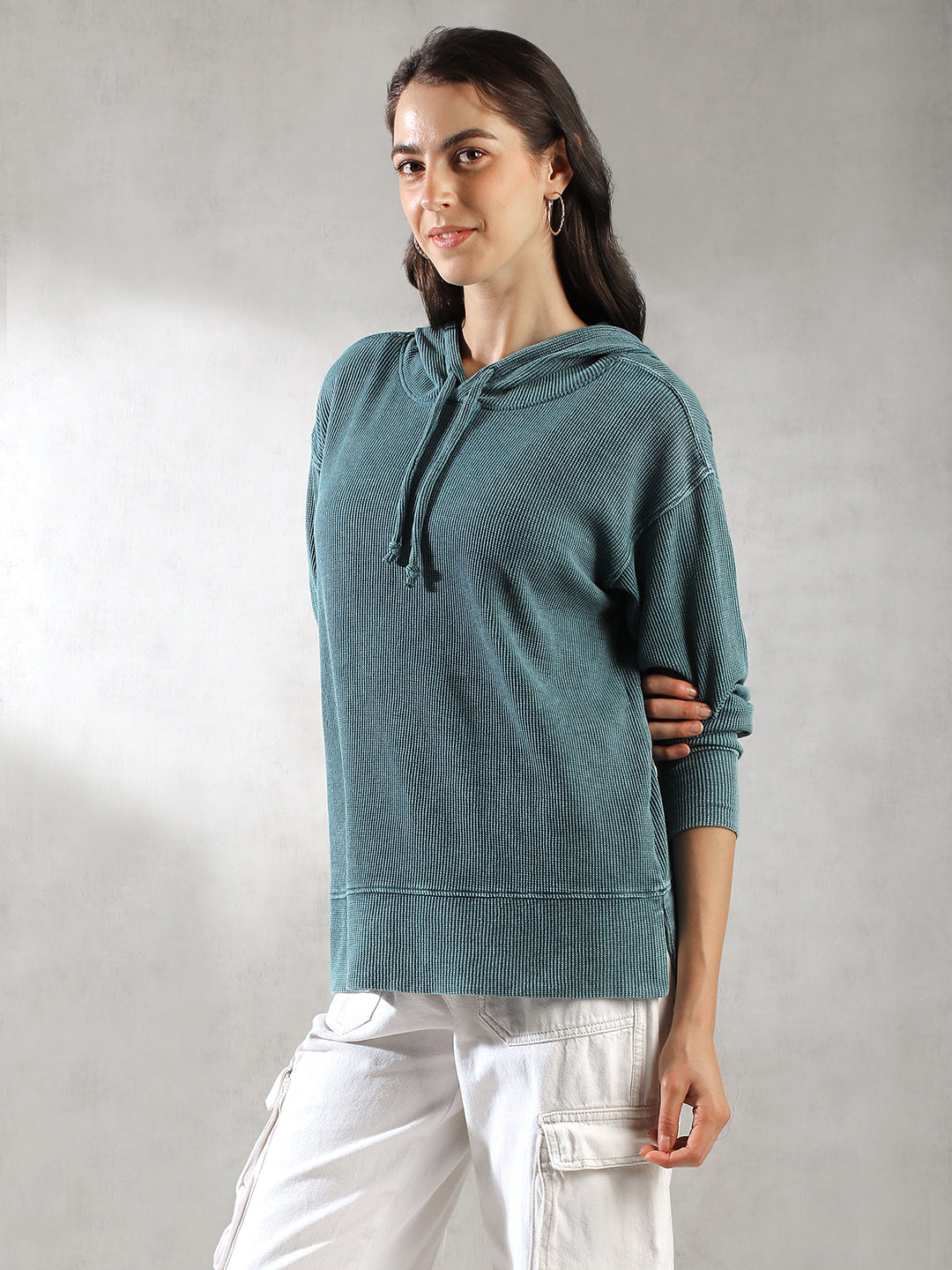 Women Teal Ribbed Hoodie