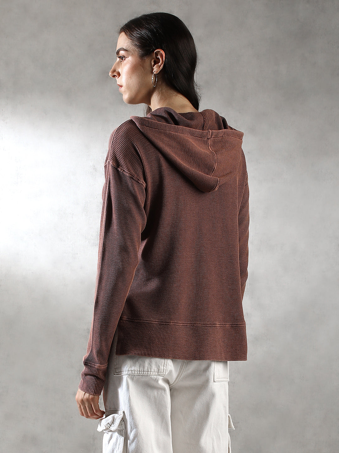 Women Brown Ribbed Textured Hoodie