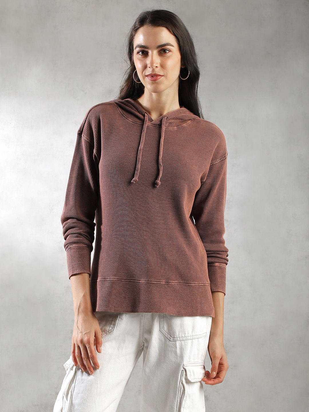 Women Brown Ribbed Textured Hoodie