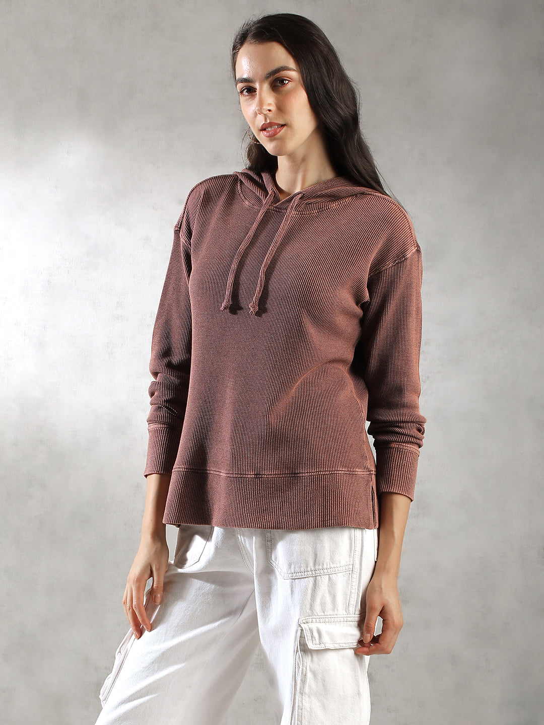 Women Brown Ribbed Textured Hoodie