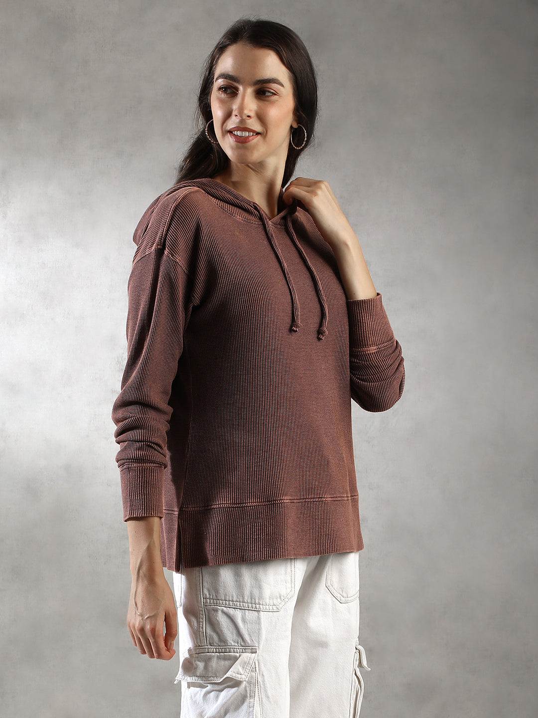 Women Brown Ribbed Textured Hoodie