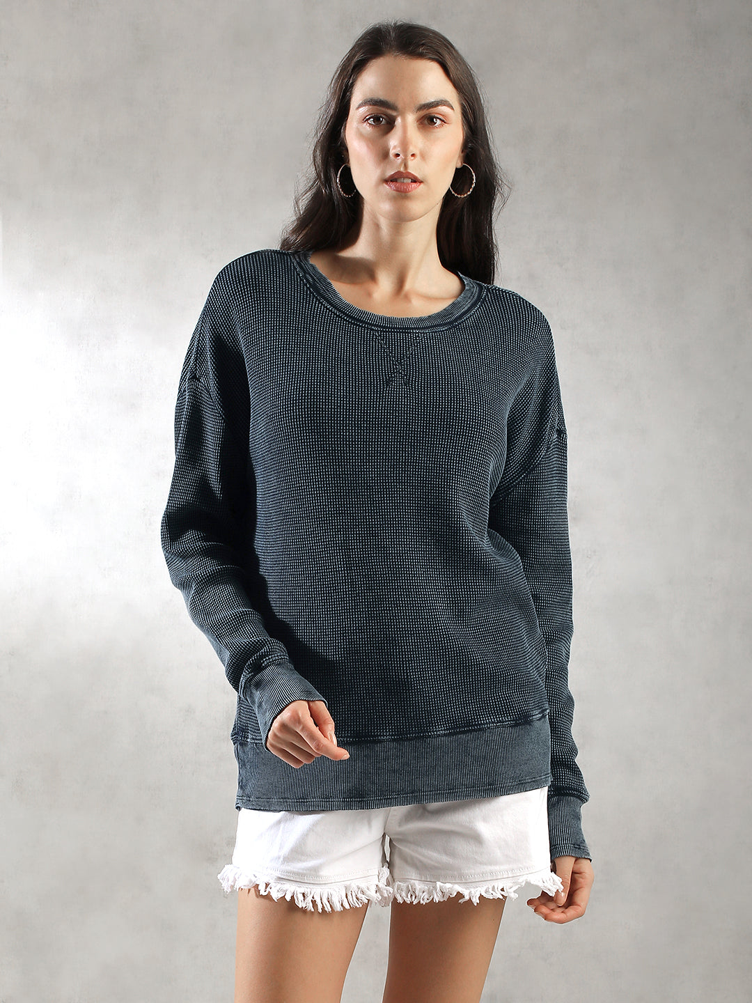 Women Waffle Textured Pullover