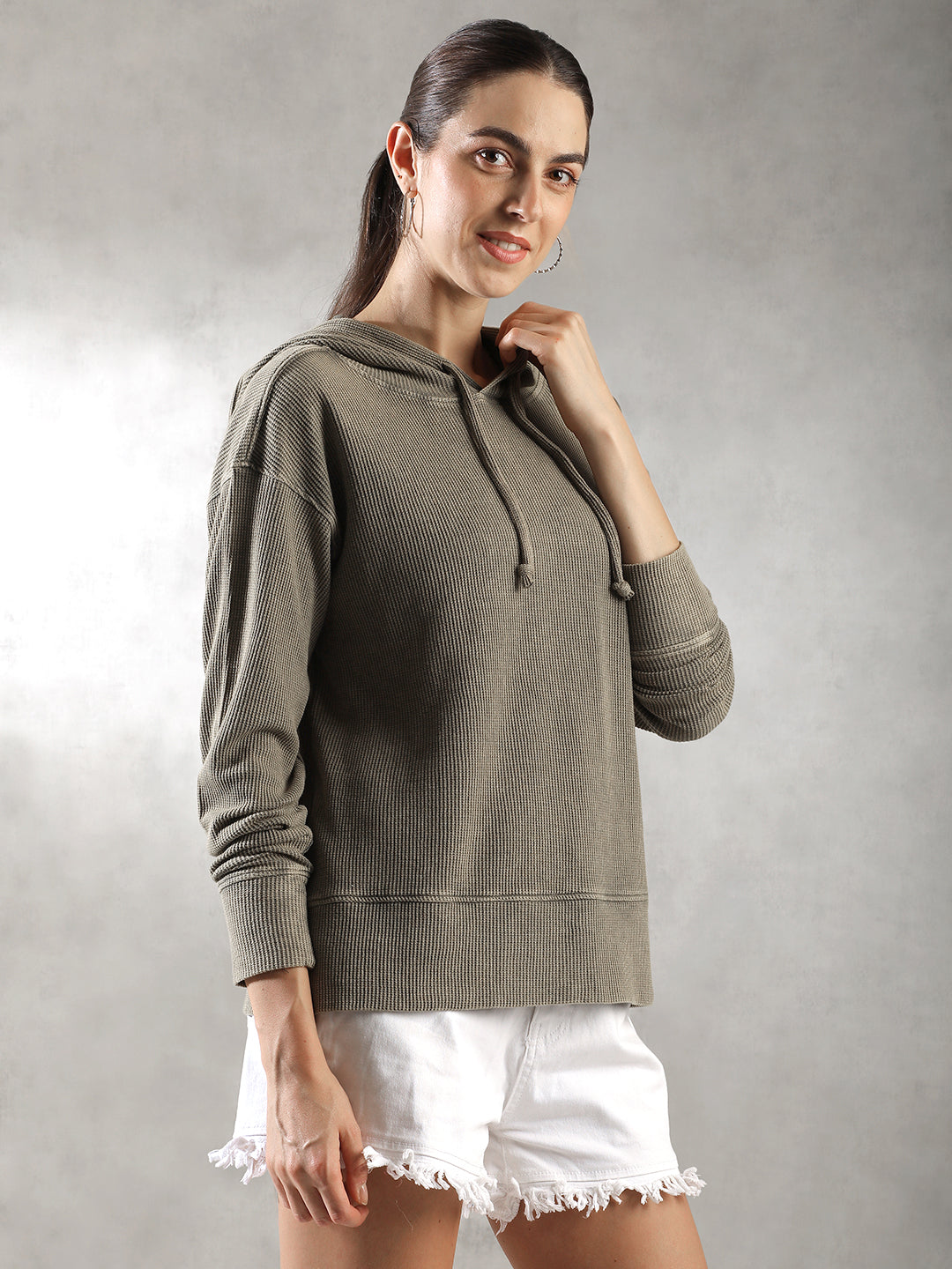 Women Olive Ribbed Hoodies