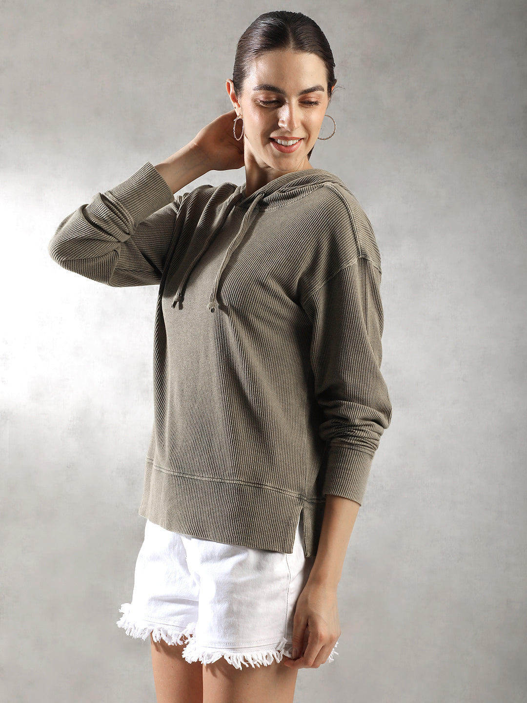 Women Olive Ribbed Hoodies