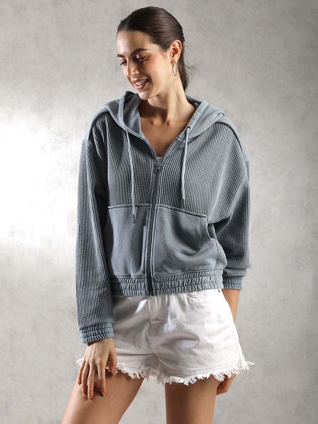 Women Blue Waffle textured Jacket