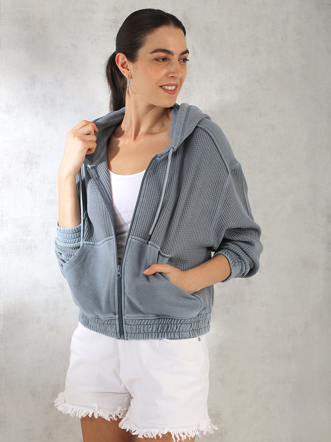 Women Blue Waffle textured Jacket