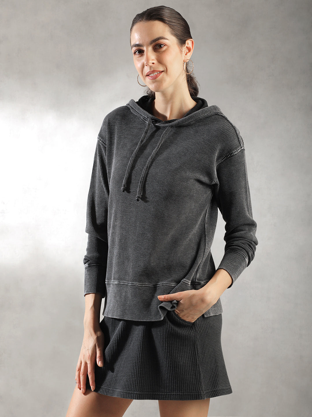 Women Charcoal Ribbed Hoodie