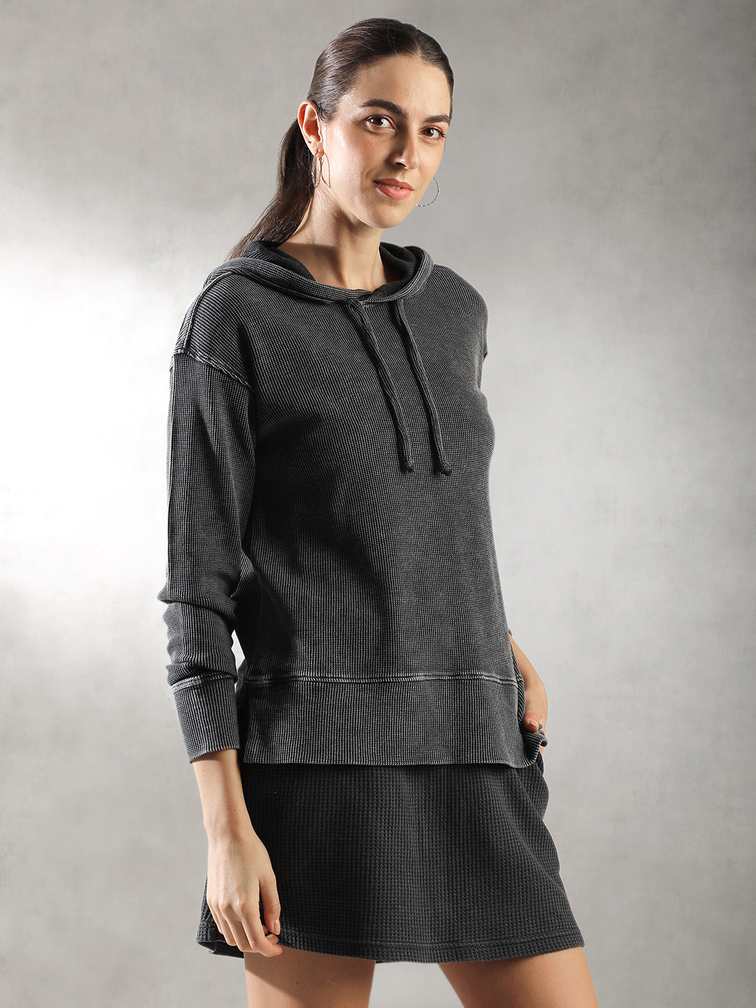 Women Charcoal Ribbed Hoodie