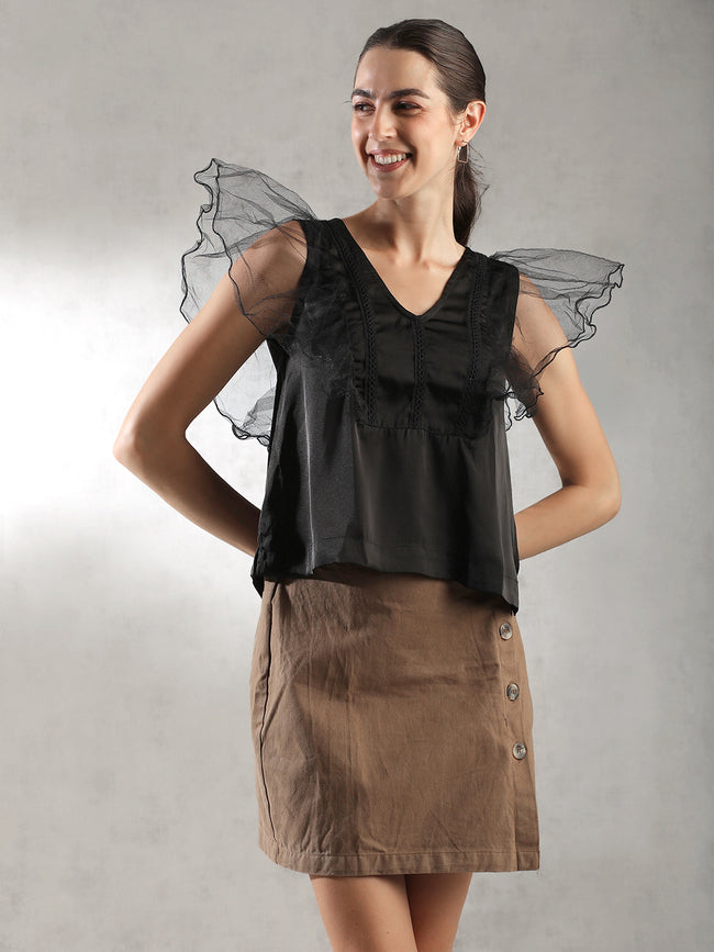 Women Black Fairy Sleeves Top