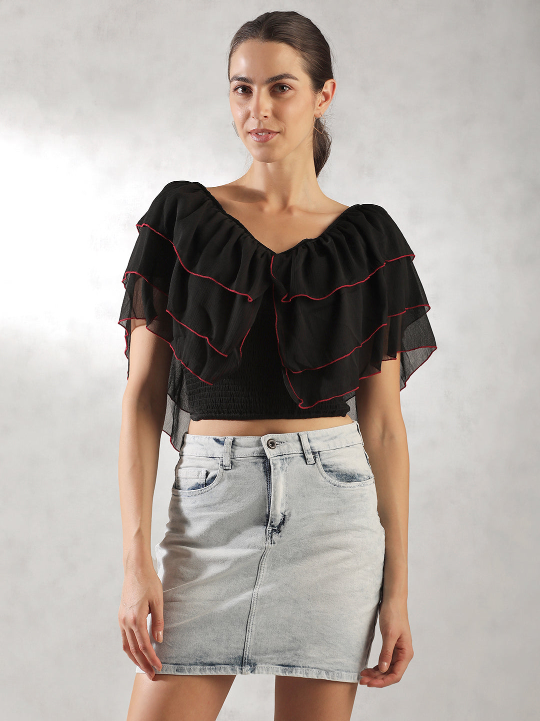 Women Black Layered Crop Top