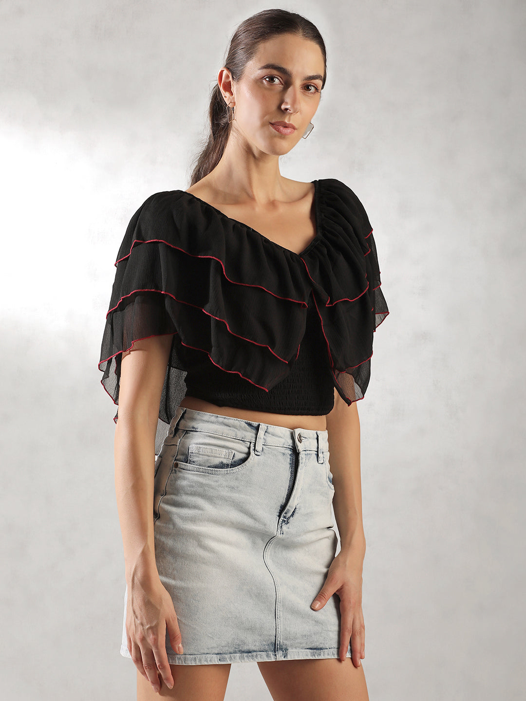 Women Black Layered Crop Top