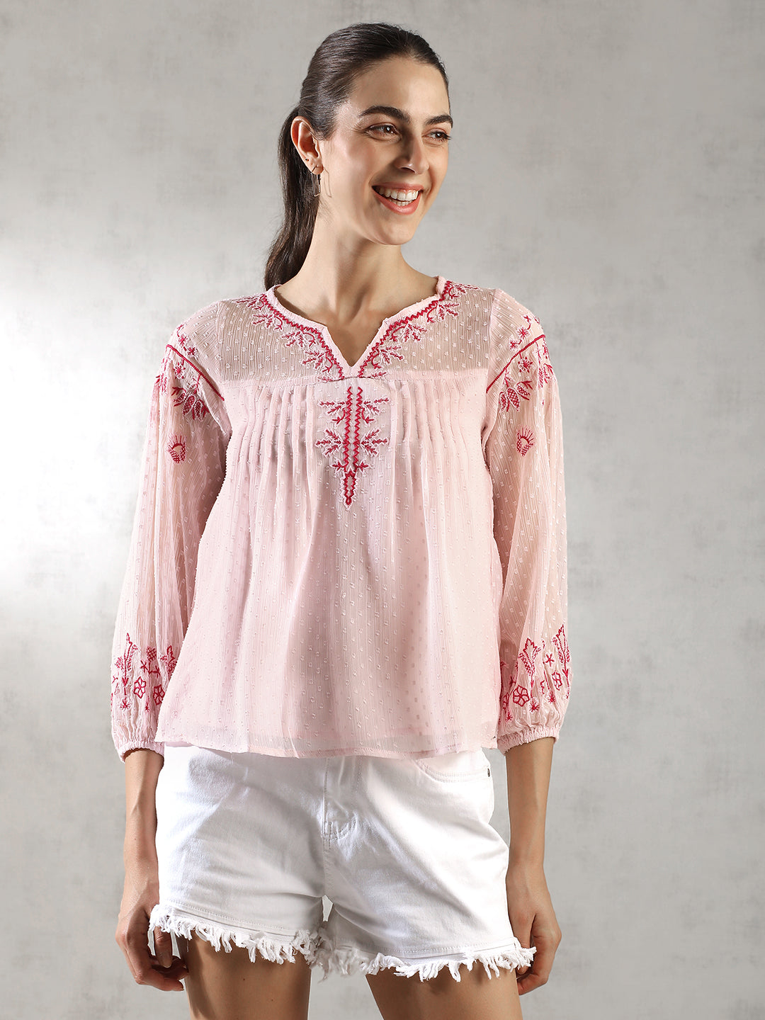 Women Pink Festive Embroidered Top