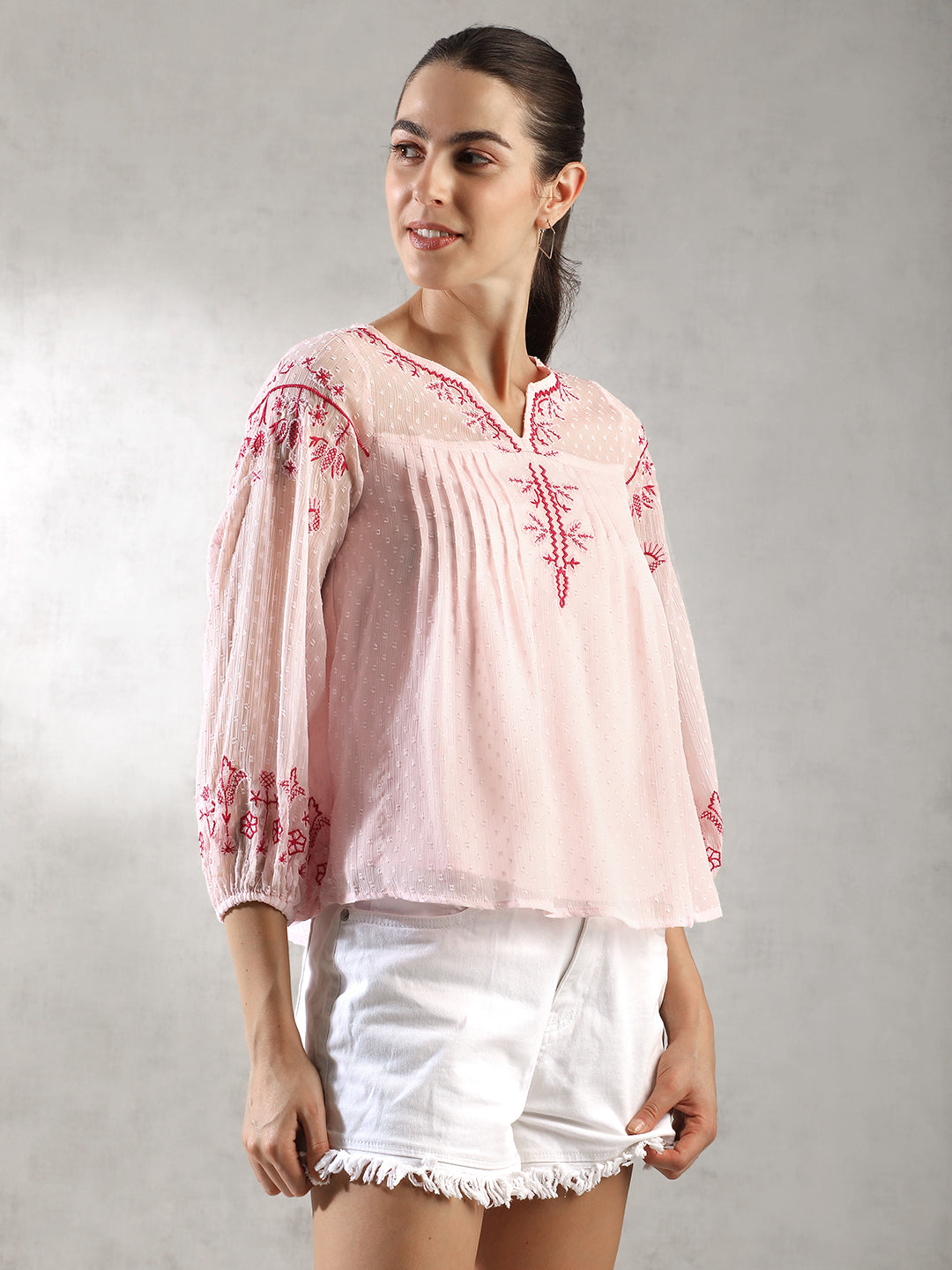 Women Pink Festive Embroidered Top