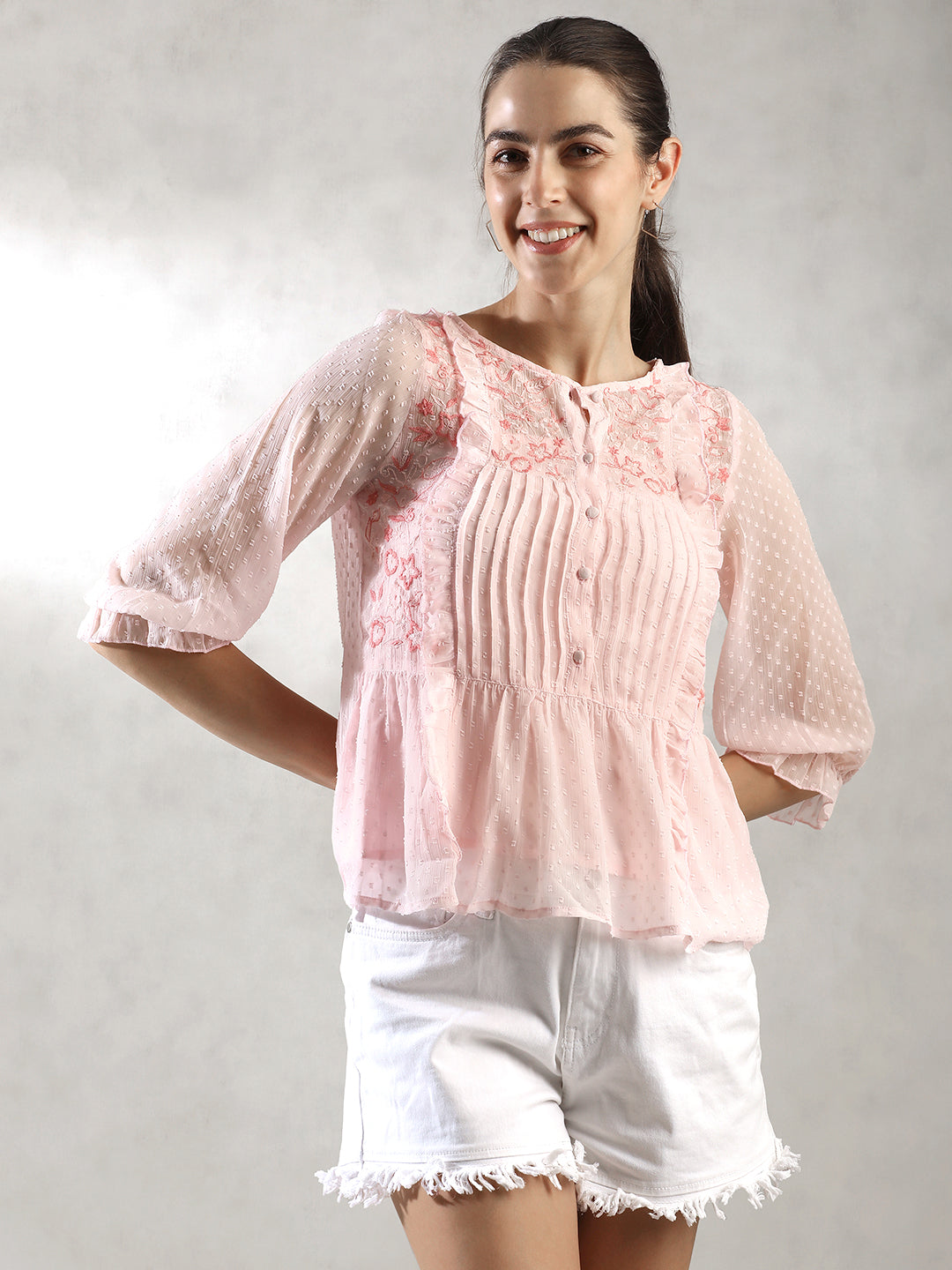 Women Pink Pleated A-Line Top