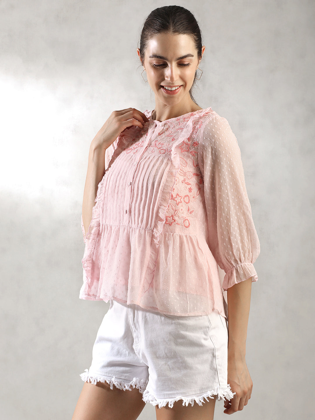 Women Pink Pleated A-Line Top