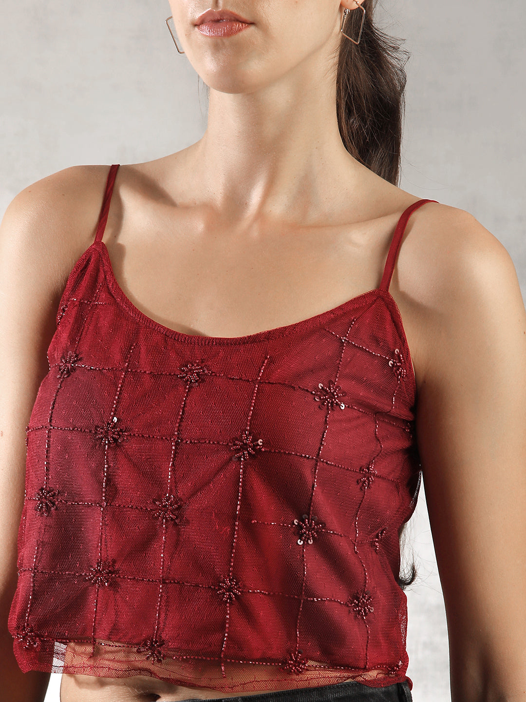 Women Dark Red Textured Design Top