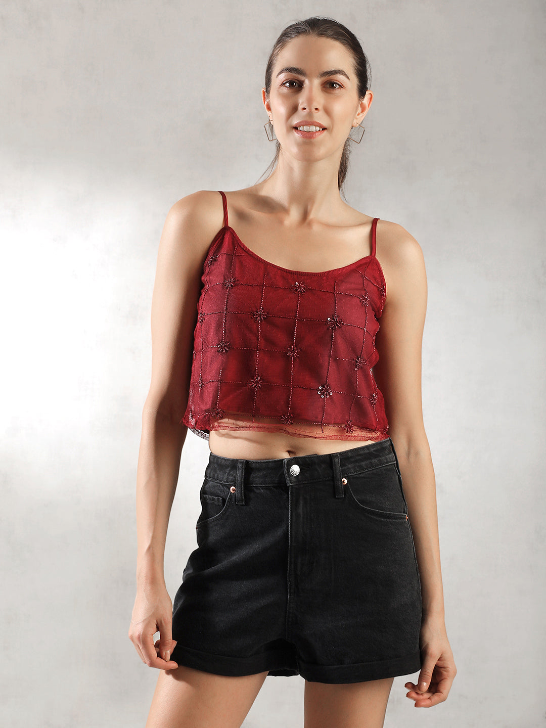 Women Dark Red Textured Design Top