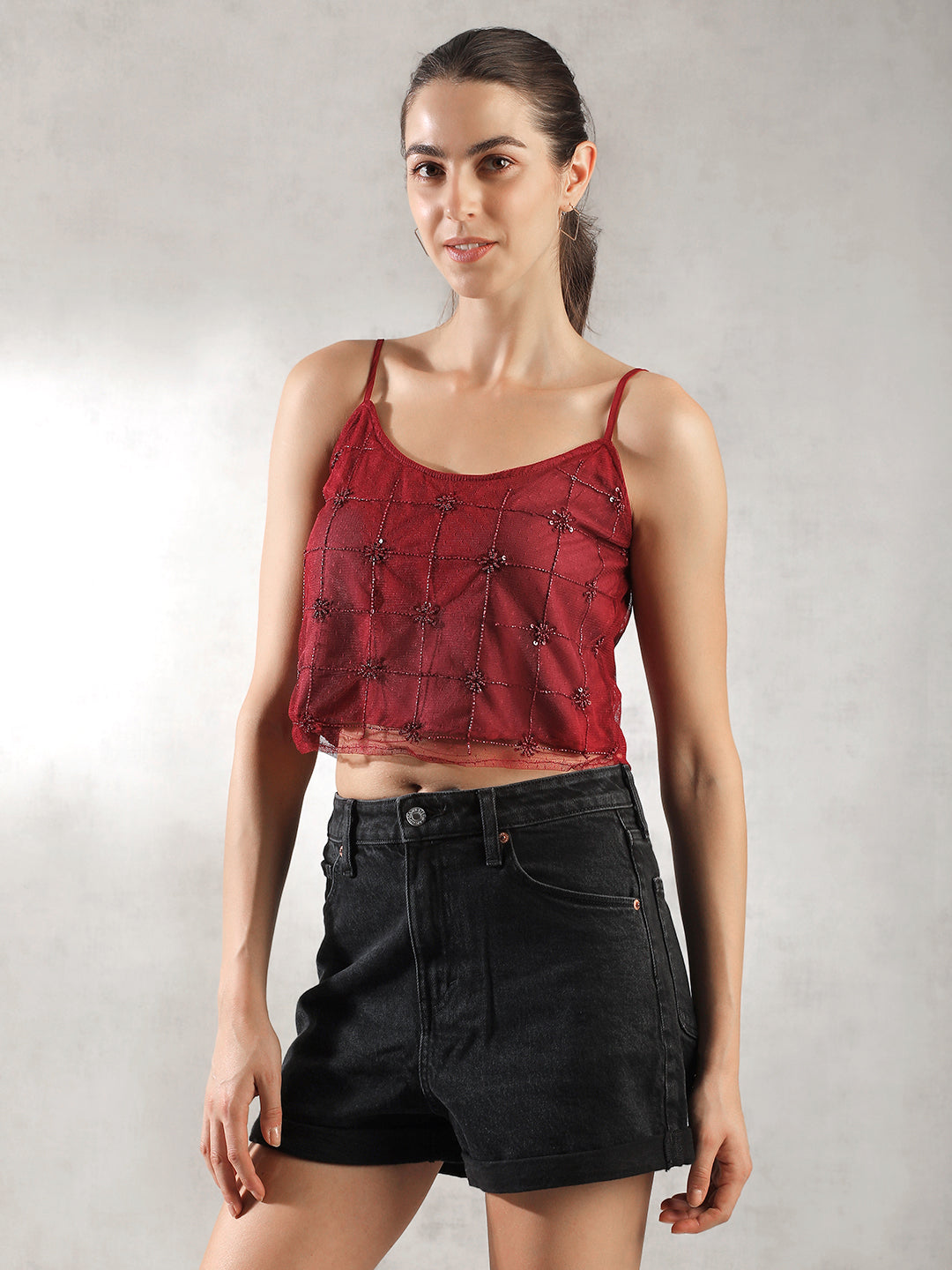 Women Dark Red Textured Design Top