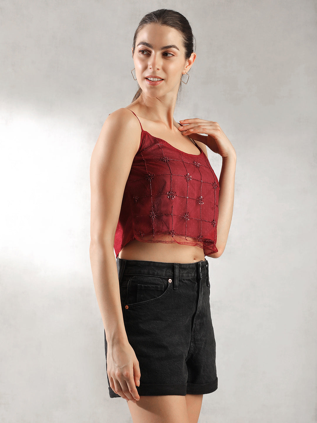 Women Dark Red Textured Design Top