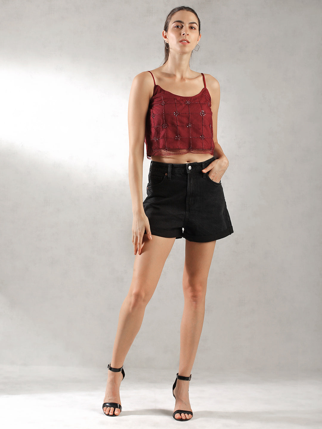 Women Dark Red Textured Design Top