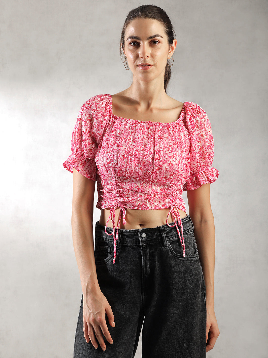 Women Pink Floral Fitted Crop Top