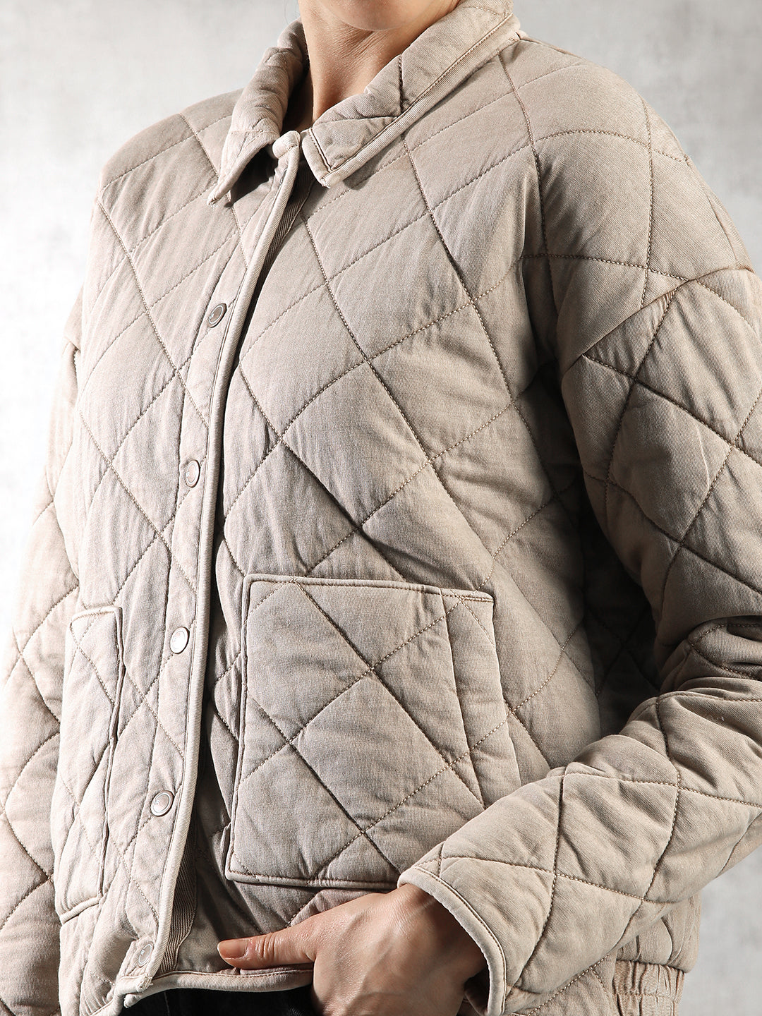 Women Khaki Comfort Fit Quilted Jacket